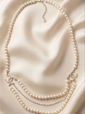 Very long necklace Cream Pearl Triple-Strand Necklace with Gold CC Logos
